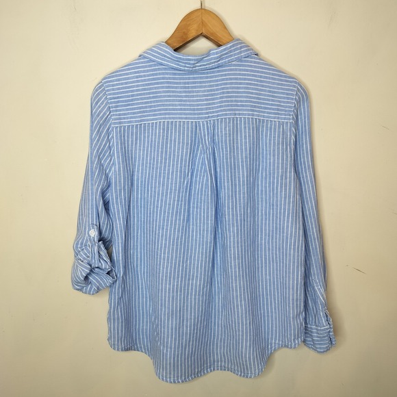 Lola River Button Up Shirt Blue White Stripe Linen Blend - Picture 9 of 10